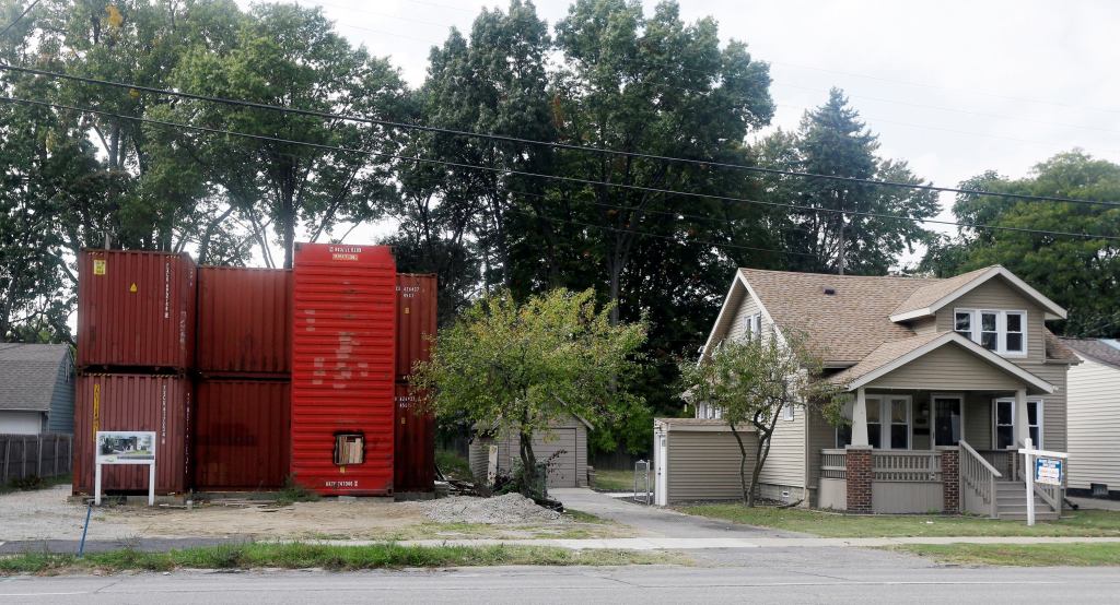 A three-bedroom shipping container house under construction in Royal Oak, Mich.