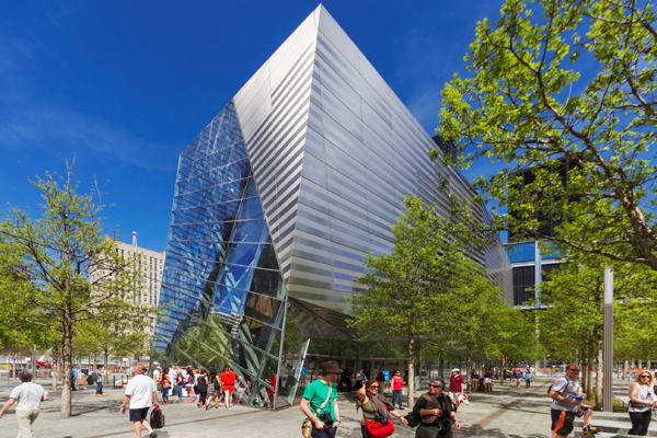 The entry pavilion, designed by Snøhetta, sits between the two memorial pools.