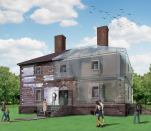 Rendered view of north elevation depicting stabilized rubble walls, steel armature and contemporary glass enclosure.