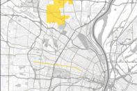 St. Louis, with Delmar Boulevard and the northern suburb of Ferguson in yellow.