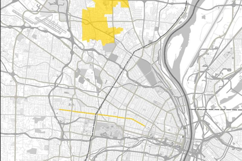 St. Louis, with Delmar Boulevard and the northern suburb of Ferguson in yellow.