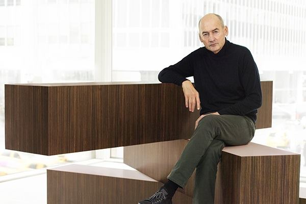 Rem Koolhaas sits on one of the furniture pieces in the new Knoll collection, "Tools for Life," designed by his firm, OMA.
