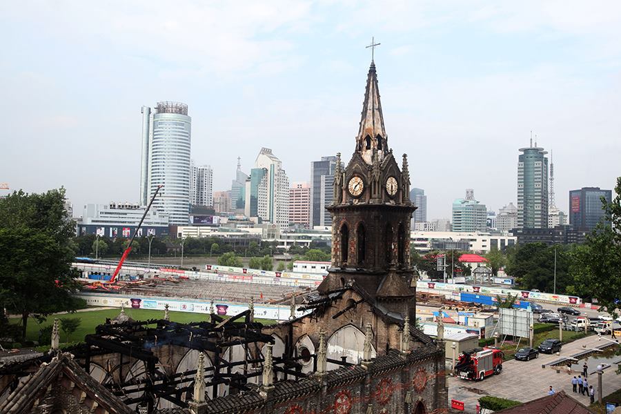 The 1872 Jiangbei Cathedral in Ningbo, China, following a fire on Monday. No casualties have been reported.