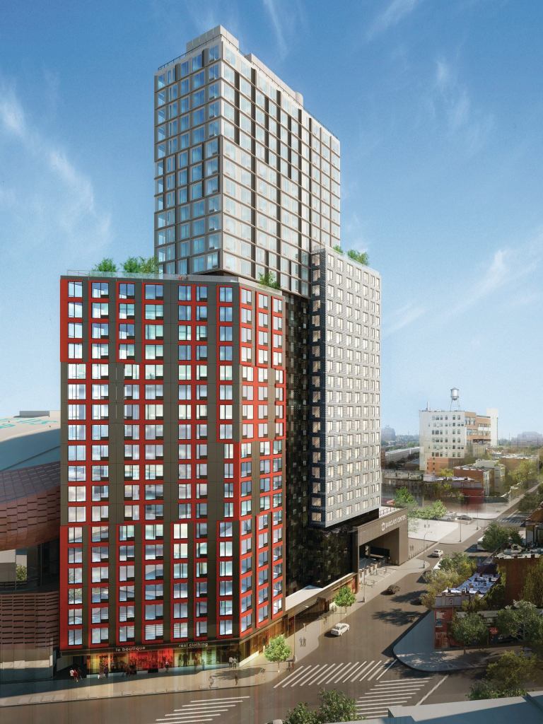B2 BKLYN, the 32-story tower designed by SHoP Architects and constructed using modular development, is one of three residential towers of Pacific Park Brooklyn.