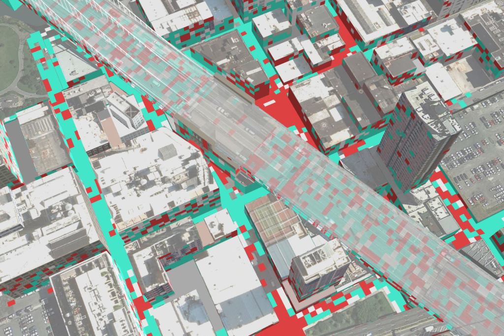 Researchers mapped areas of attention (red) and meditation (cyan) as volunteers walked through New York's DUMBO neighborhood.