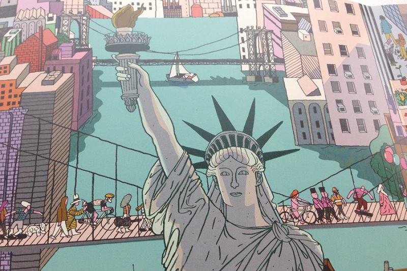 Cochran features more well-known monuments and buildings, such as the Statue of Liberty, in front of urban scenes.