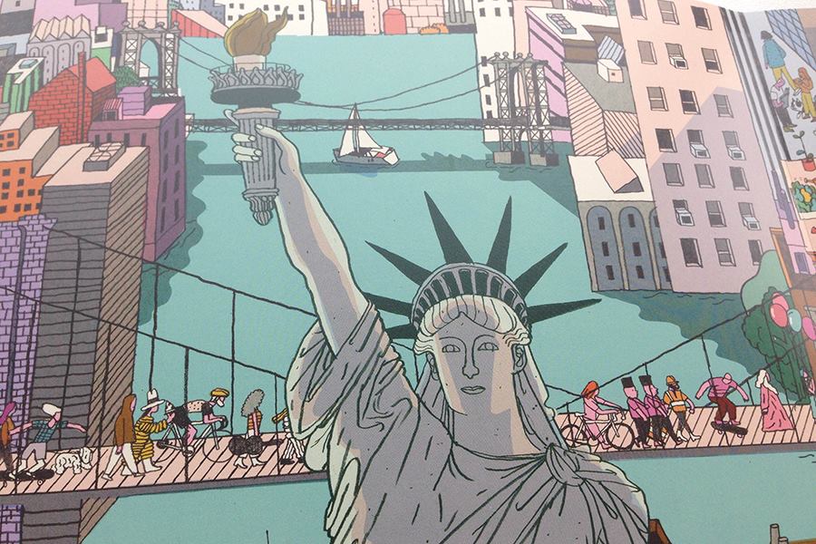 Cochran features more well-known monuments and buildings, such as the Statue of Liberty, in front of urban scenes.