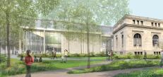 Rendering of design from the southwest, which includes views of the addition as well as the existing structure.