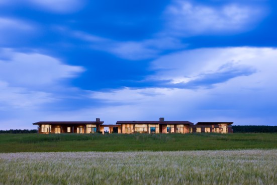 Exterior, horizontal, rear elevation overall at twilight, Earth Wall II, Squirrel, Idaho; Ward + Blake Architects