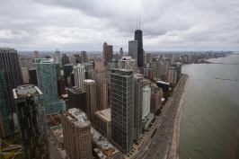A view from the 70th floor of the 1968 Lake Point Tower, designed by George Schipporeit and John Heinrich, looking north along the coast of Lake Michigan.