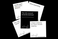 A typical hand in Cards Against Urbanity encourages players to get creative and/or silly with their responses (in white) to prompts (in black).