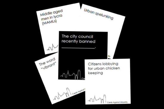 A typical hand in Cards Against Urbanity encourages players to get creative and/or silly with their responses (in white) to prompts (in black).