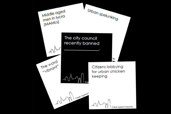 A typical hand in Cards Against Urbanity encourages players to get creative and/or silly with their responses (in white) to prompts (in black).