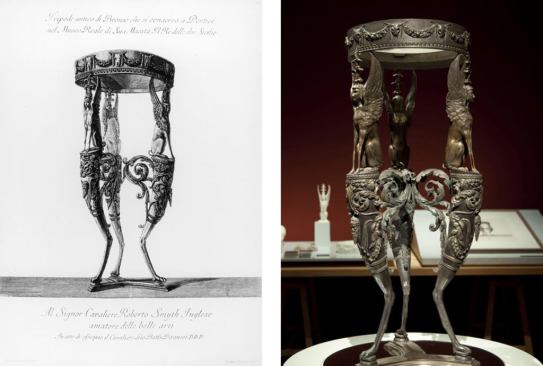 Piranesi’s drawing of the Isis Tripod (left) and Factum Arte's 3D construction.