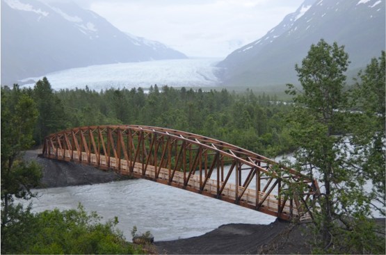 The+Placer+River+Trail+Bridge+is+a+280-foot+camelback+truss+bridge+believed+to+be+the+longest+clear-span+glulam+timber+truss+bridge+in+North+America.+