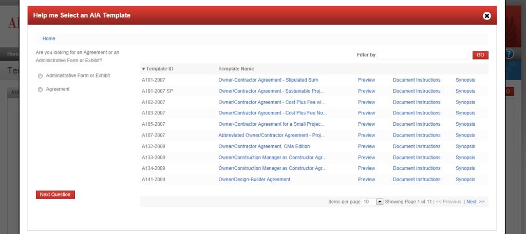 The AIA designed a template-selection tool to help users make better use of the organization's inventory of 180 project documents.