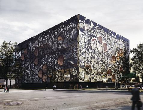 View of the hexagonal façade from the southeast.