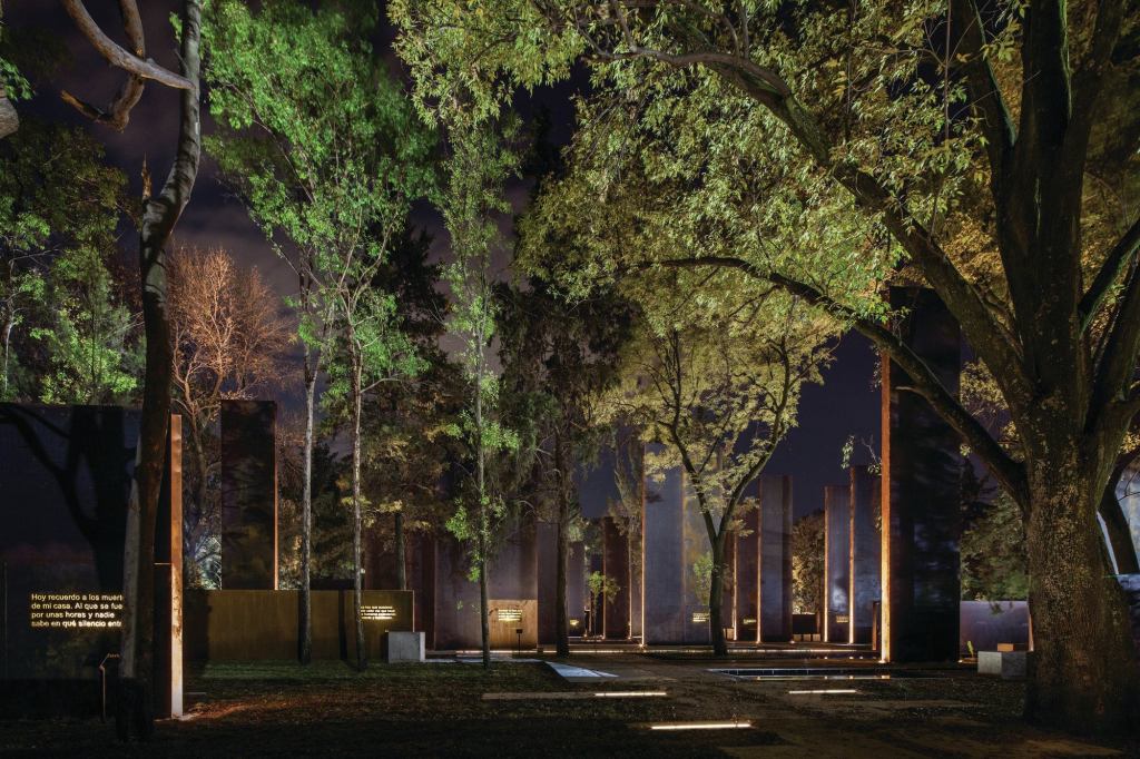 Light helps visitors navigate through the Memorial, which is located in Chapultepec Forest in Mexico City.