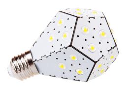 A bent circuit board and omnidirectional LED display helps this lamp mimic a conventional A19 shape.