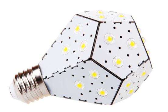 A bent circuit board and omnidirectional LED display helps this lamp mimic a conventional A19 shape.