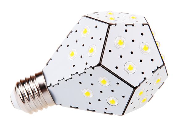 A bent circuit board and omnidirectional LED display helps this lamp mimic a conventional A19 shape.