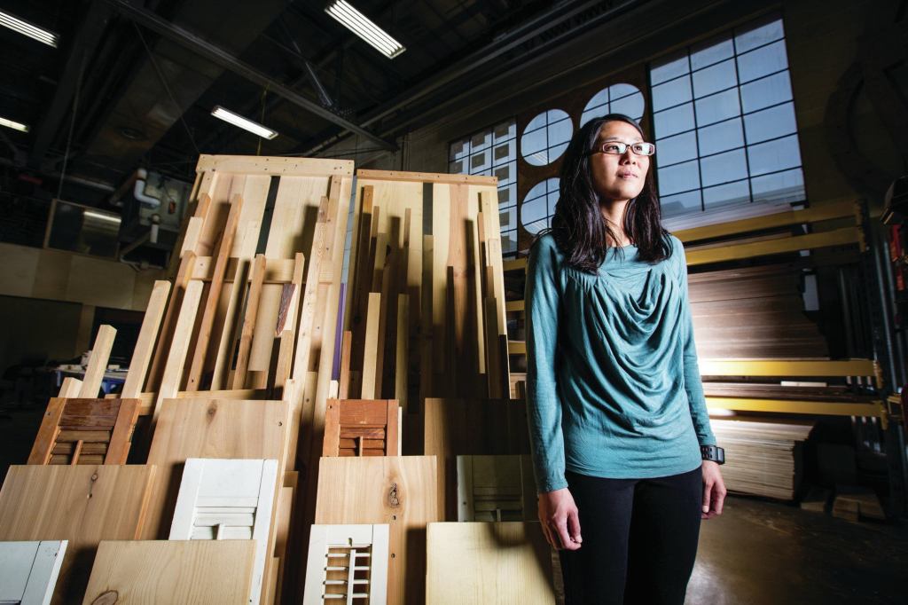 Joyce Hwang in front of Habitat Wall, a project under construction as a home for birds and bats.