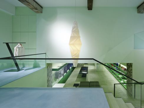 The multilevel Reality Lab in Tokyo, seen from its stairwell, is principal Tokujin Yoshioka’s 17th collaboration with clothier Issey Miyake. His studio, which was established in 2000, has also designed retail spaces for Swarovski and Camper. 