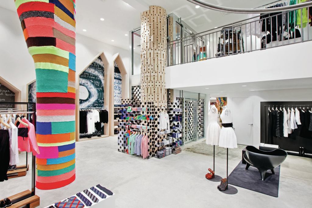 Magda Sayeg knitted this brightly colored covering for a third-floor column.