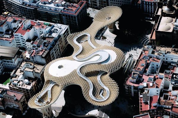 An aerial view of the Metropol Parasol in Seville, Spain.