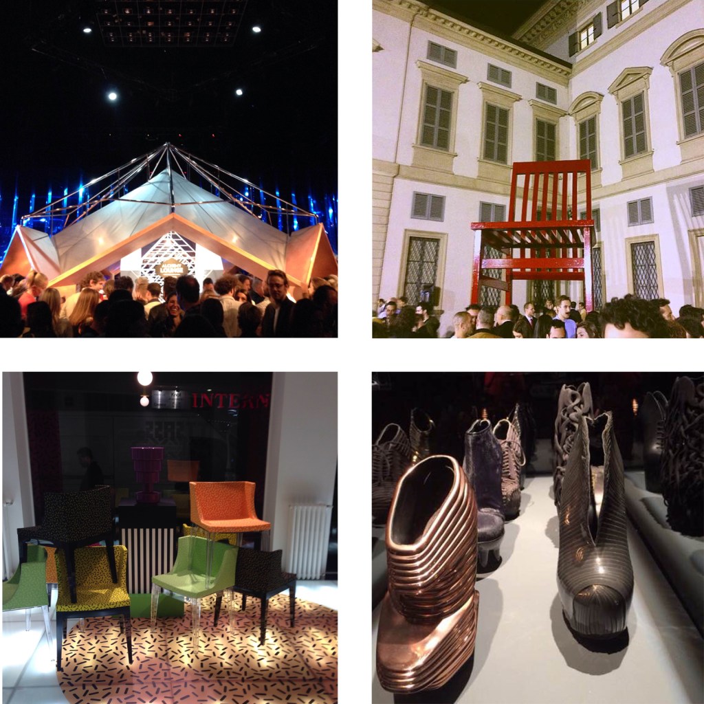 Clockwise from top left: the Wallpaper* party, the Molteni party,&nbsp;United Nude's 3D-printed footwear show, and&nbsp;Kartell's Ettore Sottsass Memphis tribute display.