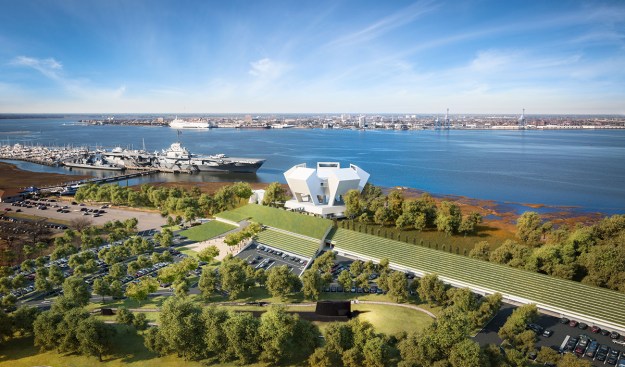 Aerial view of the land pavilion, the chapel, and the museum.