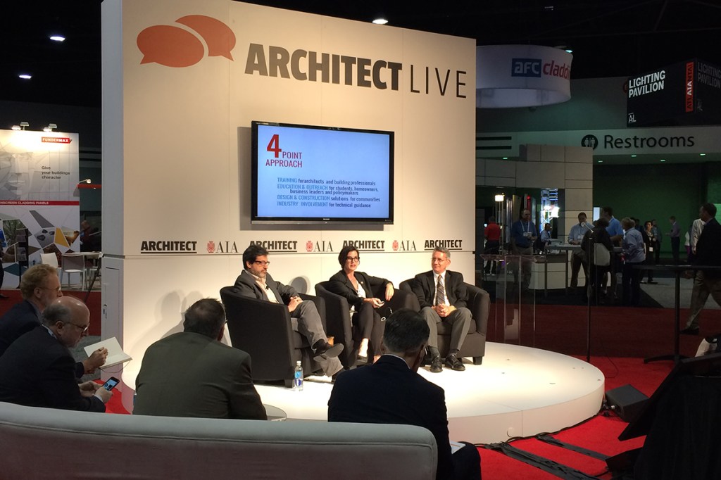 ARCHITECT Live hosted a panel on the&nbsp;Regional Resilience Design Studios on Friday at the AIA Convention.&nbsp;From left: Stephen Luoni, director of the University of Arkansas Community Design Center; AIA Foundation executive director&nbsp;Sherry-Lea&nbsp;Bloodworth Botop; and&nbsp;David Perkes, the director of the Gulf Coast Community Design Studio.