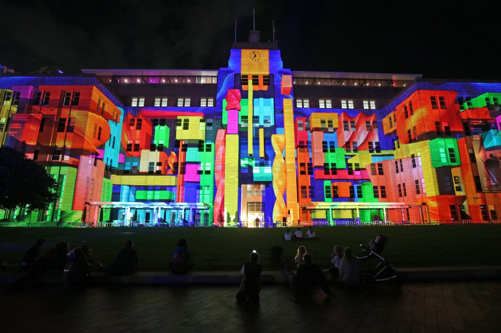 A Lego-like colorful projection called "Mechanised Colour Assemblage" is splashed on the Museum of Contemporary Art as part of Sydney's Vivid festival, which runs until June 8.&nbsp;
