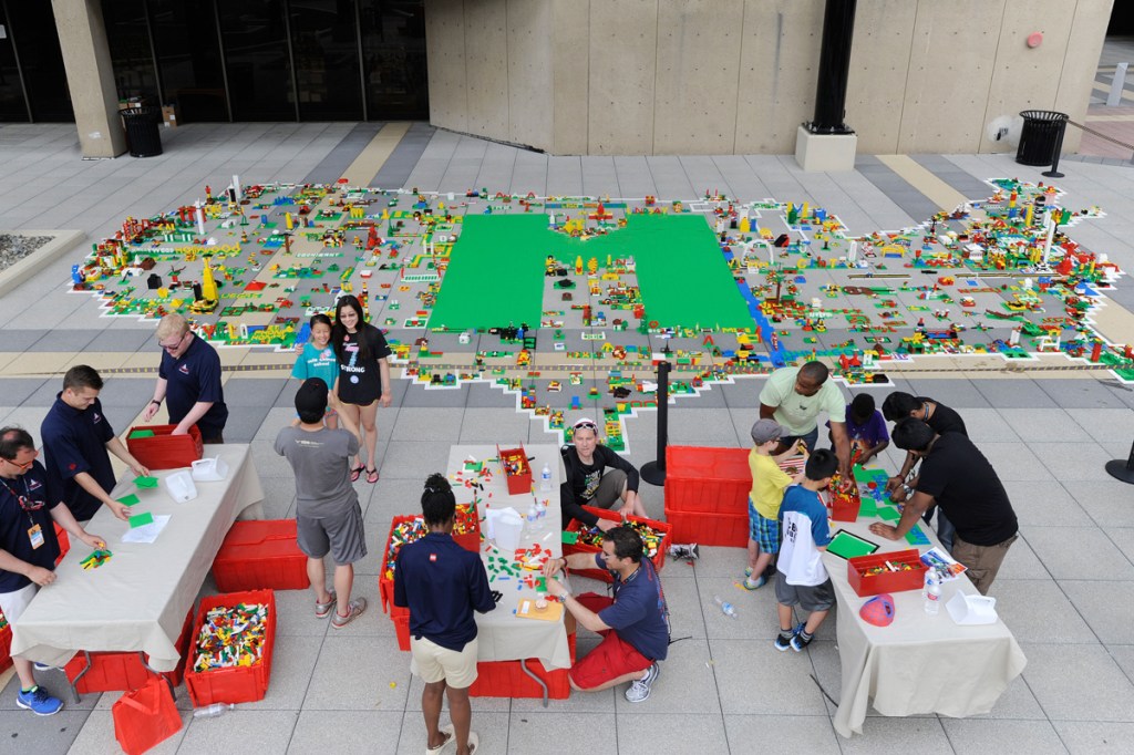 LEGO makers build a 30-by-50-foot map of the United States at the National Maker Faire at the University of the District of Columbia.
