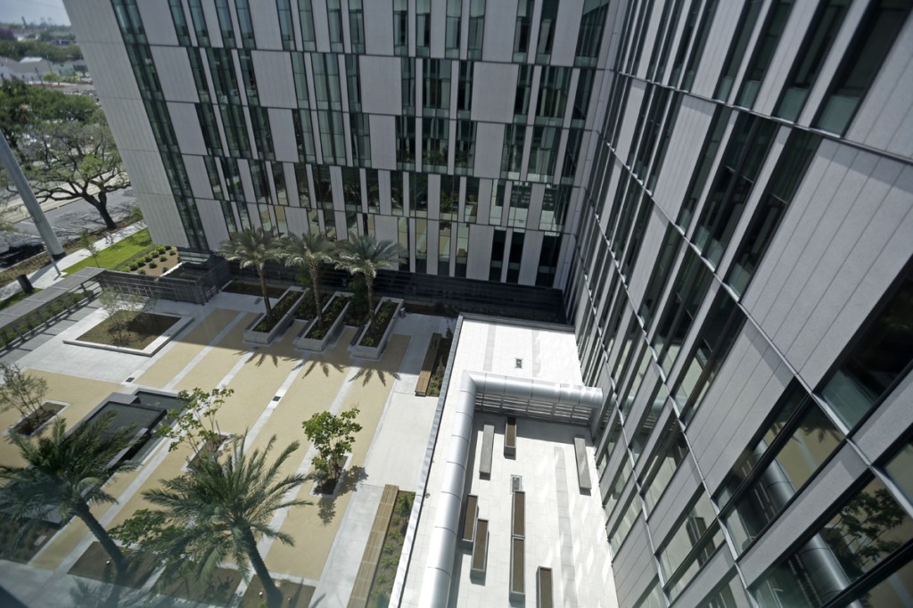 This picture shows a landscaped courtyard seen from an upper floor of the soon-to-open University Medical Center in New Orleans, during a media tour. The $1 billion medical complex, designed by NBBJ,was at the center of a yearslong fight over the extent of hurricane damage to the city's old Charity Hospital, fights over the razing of a neighborhood where the new hospital was to be built and over the objections of many in the medical community.