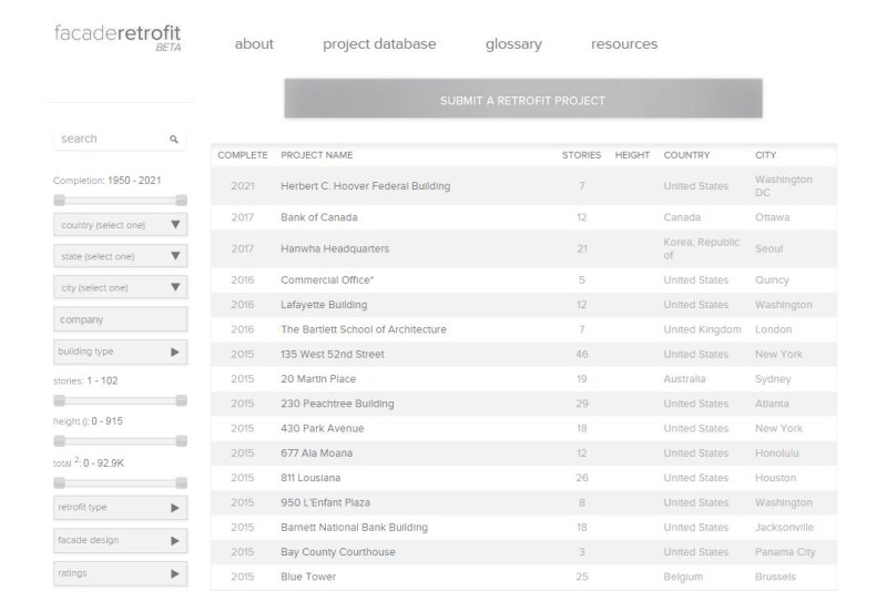 A screenshot of a new online database that tracks retrofits to the facades of commercial and multifamily buildings.
