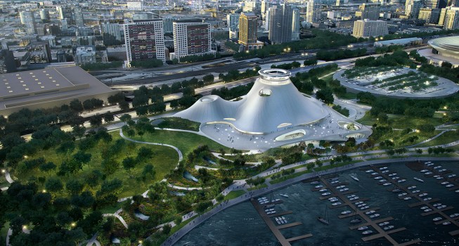 Aerial rendering of the museum at dusk.&nbsp;(Sept. 18, 2015)