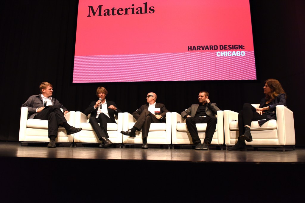 Participants in the opening materials-themed panel discussion, from left: Kiel Moe, AIA (moderator), Jan Knippers, Gail Peter Borden, FAIA, Skylar Tibbits, and Sheila Kennedy, FAIA.