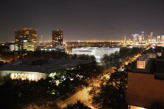 Aerial night view of the Fayez S. Sarofim Campus, with the Nancy and Rich Kinder Building and the Glassell School of Art.
