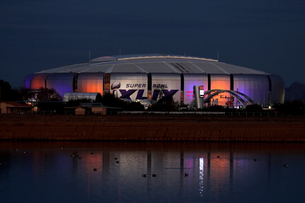 The Super Bowl XLIX logo on the University of Phoenix Stadium on Jan. 27.