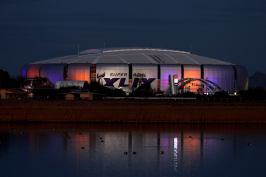 The Super Bowl XLIX logo on the University of Phoenix Stadium on Jan. 27.