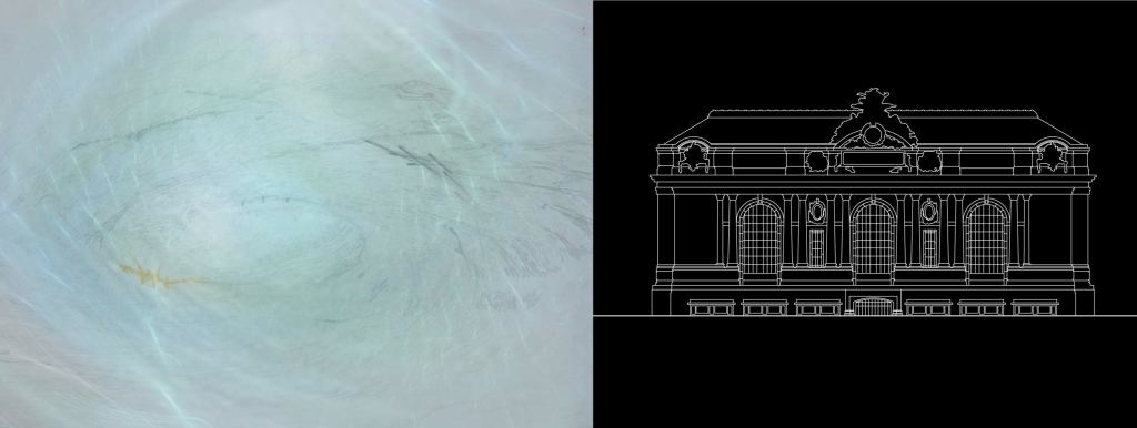 An animated interpretation and street view sketch of Grand Central Terminal.