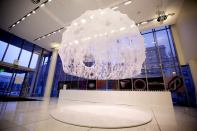 Front view of the completed Silk Pavilion in the MIT Media Lab Lobby.