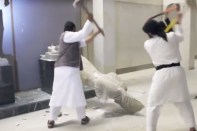 Still from a video that ISIS produced and distributed, showing its destruction of artifacts in a Mosul, Iraq, museum.