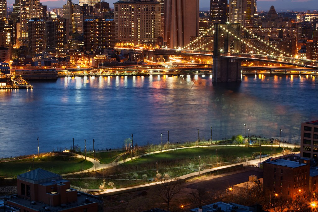 An aerial view of Pier One, which is part of Brooklyn Bridge Park along the East River.