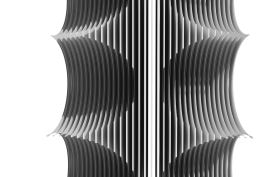 Ceramic tiles cut with a CNC water jet are arranged vertically as part of an installation by Harvard's Material Processes and Systems Group at Cevisama in Valencia, Spain.