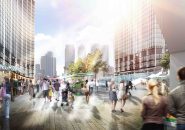 Sunlight enters an open plaza between two tall buildings that are part of proposal from NBBJ's London office to reduce street-level shade in cities.