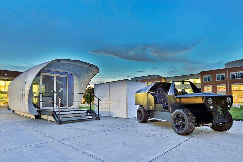 SOM's 3D-printed shelter (left) and the companion 3D-printed car developed by the Department of Energy's Oak Ridge National Laboratory.