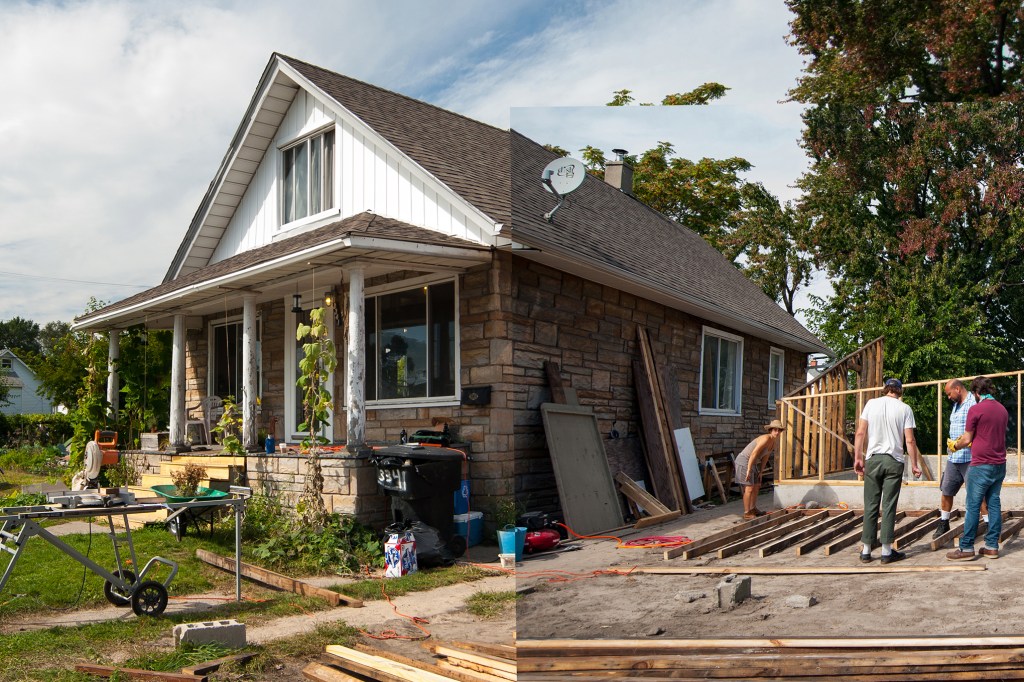 A few years ago, Kate Daughdrill (left) purchased the house and lot next to 3347 Burnside Ave. and combined it with adjacent lots to create Burnside Farm, a community farm where neighbors collectively work the land and share the goods. After hearing about Archolab's interest in converting the fire-ravaged property into a year-round greenhouse, owner Andy Malone (third from left) sold the property to Daughdrill for $1 for inclusion into the farm. Malone, who resides across the street, is an artist who had bought the property with the intention to repurpose it as a place of artistic or architectural intervention.
