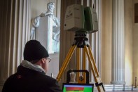 A worker laser scans the Lincoln Memorial. The data will be included in a digital database of world heritage sites run by the nonprofit CyArk.
